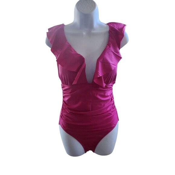 J. Crew Ruched Ruffled One-Piece Swimsuit Pink Size 10 Plunge Padded Scoop Back - Picture 2 of 8
